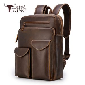 Tiding Men's Genuine <b>Leather</b> <b>Backpack</b> <b>Large</b> Capacity Casual Travel <b>Backpack</b> Dark Brown 20L Below - Product Image 1