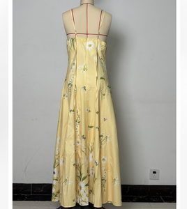 Jupe mi-longue à bretelles imprimée <span class=keywords><strong>fleurs</strong></span> de chrysanthème, col carré, coupe trapèze, pour l'été et la plage, robe femme, vente en gros sur mesure - Product Image 6