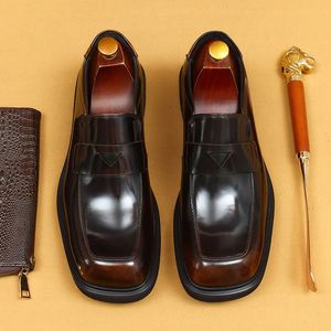 Mocassins en cuir à semelle épaisse et brillante pour hommes d'affaires, à lacets, noirs, à bout carré, chaussures de bureau décontractées et formelles - Product Image 1