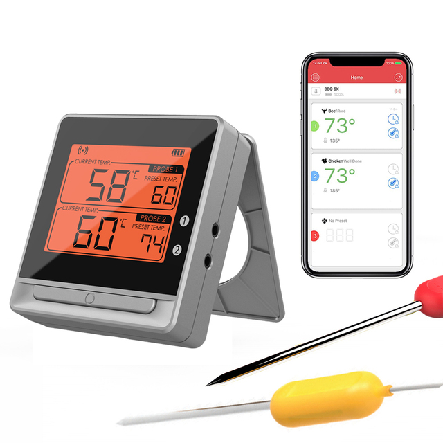 Hypersynes OEM/ODM Far Distance Wireless for Smart Digital Meat Thermometer 2 Sensors 130cm Probe LCD Display IP65
