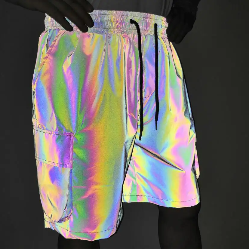 mens casual cool designer iridescent reflective workout sweat sports drawstring shorts short cargo pants with side hand pockets