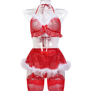 Sexy Dessous Weihnachten Dessous für Frauen Sexy Furry Sheer Mesh BH und Röcke Neujahr Kostüm BH Höschen Rote Dessous - Product Image 6