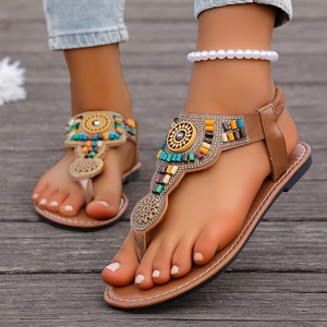 Women Bohemian Beaded Flat <b>Sandals</b> <b>Elastic</b> Ankle Strap Clip Toe Summer Beach Casual Footwear - Product Image 6