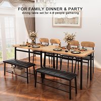 Ensemble de salle à manger minimaliste du milieu du siècle 4 pièces cuisine table en bois brun rustique 2 chaises en cuir avec dossier et banc rectangulaire