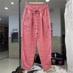 Women's Cotton Linen Trousers Casual Harem Pants Loose Fit Breathable White Rose Pink Heather Color QY-709 - Product Image 3