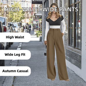 Pantalon en crêpe taille haute pour femme, coupe ample, plissé, couleur unie, style bureau, longueur complète, fermeture boutonnée, style automne - Product Image 2