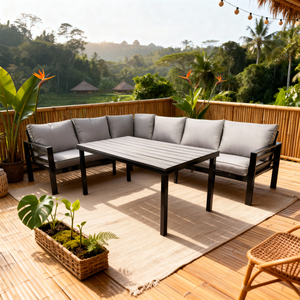 Ensemble de salon de jardin de luxe ergonomique en métal avec coussins épais, mobilier haut de gamme personnalisable pour villa, terrasse vue jungle - Product Image 1