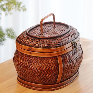 Handmade <b>Bamboo</b> Woven Tea Storage Box Round 21cmx17cmx15cm Brass Clasp Kitchen Food <b>Container</b> - Product Image 3
