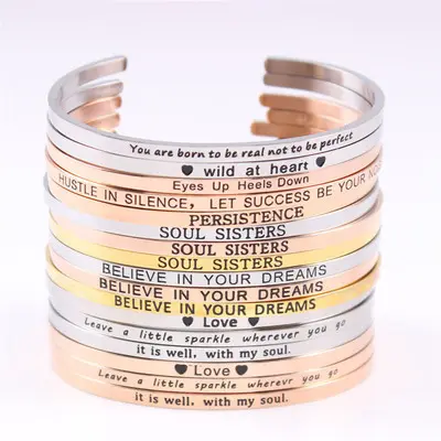 Motivatie Mantra Stapelen Religieuze Inspireren Brief Metalen Gegraveerde Inspirational Manchet Custom Bangle Roestvrij Stalen Armband