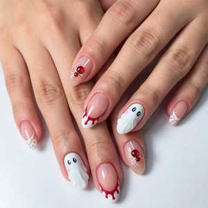 Faux ongles à pression pour Halloween, 24 pièces, motif fantôme, araignée, goutte de sang, faux ongles amovibles pour fête cosplay, style DIY - Product Image 1