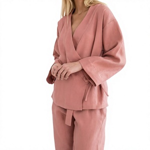 Ensemble Kimono et Pantalon Large en Lin pour Femme, Manches Longues, Style Cache-Cœur, avec Ceinture, Lin Naturel, Vente en Gros - Product Image 4