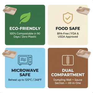 Offre Spéciale – Boîte à Raviolis Jetable Biodégradable en Bagasse de Canne à Sucre 850 ml, Compatible Micro-ondes, avec Compartiment Circulaire pour Sauce, Forme Rectangulaire pour Aliments - Product Image 6