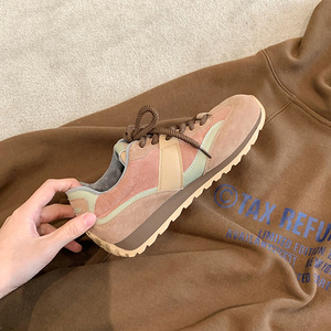 Genuine <b>leather</b> platform <b>sneakers</b>, trendy color-matched <b>sneakers</b>, new style, thick sole, lace-up, versatile and casual shoes - Product Image 2