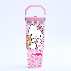 Bouteille d'eau isotherme en acier inoxydable Hello Kitty 30oz avec poignée et paille – Gobelet rose motif chaton – Vente en gros à prix abordable - Product Image 6