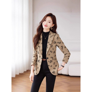 Women's Blazer Khaki Rose Print Slim Fit Spring Autumn Style 2025 Irregular Pattern 3D Effects With Label - Product Image 1