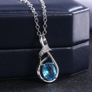 Collana con Pendente in Argento 925 e Topazio Blu, Classica a Goccia con Montatura a Griffe, Placcata in Rodio, Catena a Maglia Box per Uso Quotidiano - Product Image 1