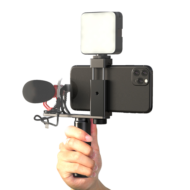 APEXEL Phone Video Stabilizer Smartphone Video Rig, Small Camera Rig with Light and Mic for Youtuber,Vlog Equipment Accessories