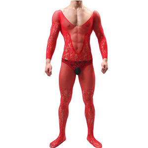 Men's Red <b>Fishnet</b> Bodysuit Long Sleeve See Through Stage Dance Wear Spandex Polyester Full <b>Body</b> Stockings - Product Image 1