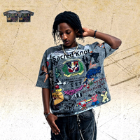 T-shirt vintage Lawfoo en coton respirant, coupe ample, imprimé intégral style dessin animé américain, effet vieilli, manches courtes