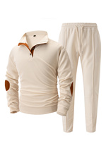 Ensemble 2 pièces pour homme : Sweat-shirt à col montant semi-boutonné avec empiècements gaufrés aux coudes et pantalon à cordon de serrage