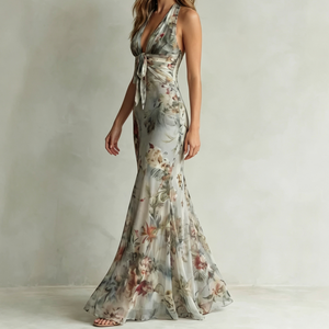 <b>Custom</b> Halter Neck Floral Print Chiffon Mermaid <b>Dress</b> Deep V Tie Waist Backless Long Maxi Evening <b>Dress</b> Women Party Gown - Product Image 2