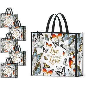 Sacs de courses réutilisables, grands sacs fourre-tout colorés à motifs de papillons, lavables, en tissu non tissé avec poignées - Product Image 1