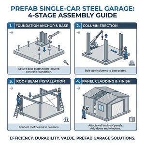 Garage préfabriqué moderne pour une seule voiture, abri <span class=keywords><strong>de</strong></span> <span class=keywords><strong>stockage</strong></span> en métal avec porte à enroulement automatique et isolation thermique - Product Image 5