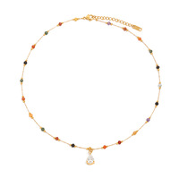 PROMOTION EXCEPTIONNELLE : Collier Pendentif Perles de Pierre Colorées avec Zircon Poire, en Acier Inoxydable 304L Plaqué Or 18K, Chaîne Ras du Cou Vintage
