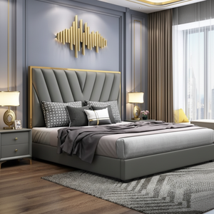 Letto Moderno Imbottito in Tessuto <span class=keywords><strong>e</strong></span> Pelle, Personalizzabile in Diverse Misure, Ecologico, Arredamento per Camera da Letto - Product Image 1