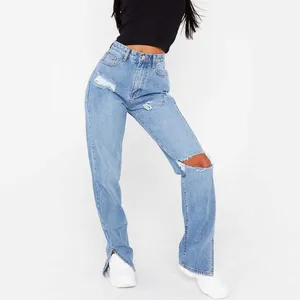 Offre Spéciale été mode femmes pantalons en jean en gros de haute qualité personnalisé déchiré maman fit haute rue porter des jeans solides