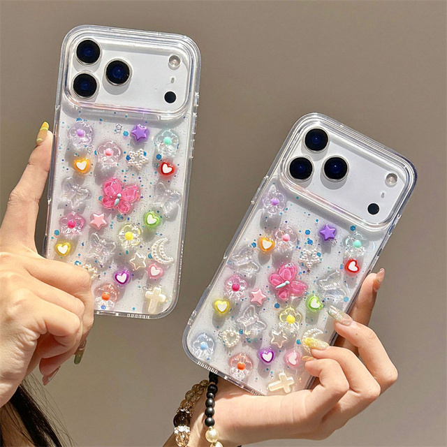 Glitter Butterfly Love Mobile Phone case for iPhone 17 Air 16 15 14 Pro Max Resin Transparent Flower DIY Moon Stars back Cover