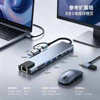 Adaptador USB C 8 en 1 con Doble Conector, Hub de Aluminio, RJ45, 4K 30Hz, 100W PD, USB 3.0, 2.0, Lector de Tarjetas SD y TF para MacBook y Laptops con Windows