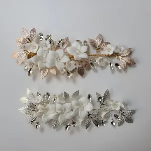 SLBRIDAL हस्तनिर्मित आईएनएस शैली मिश्र धातु सिरेमिक फूल क्रिस्टल दुल्हन बाल क्लिप Barrettes शादी Headpieces महिलाओं बाल सामान