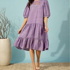 Vestido Midi de Verano Personalizable, Elegante, de Algodón y Lino, con Cuello Cuadrado, Estilo Casual, Línea A, con Volantes y Mangas Cortas para Mujer - Product Image 2