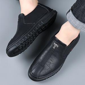 Mocassins en cuir doublés polaire pour hommes, à enfiler, semelle souple, chaussures décontractées à talon bas, couleur unie, fabriqués à Wenzhou - Product Image 2