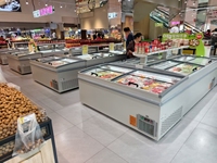Congélateur coffre commercial en gros avec porte coulissante vitrée, congélateur îlot à refroidissement direct et dégivrage automatique pour supermarché et aliments surgelés