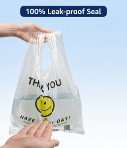 <span class=keywords><strong>Sac</strong></span> de courses en plastique HDPE blanc imprimé avec un visage souriant, à prix avantageux, recyclable, respectueux de l'environnement, avec poignée, « Merci, Bonne Journée » - Product Image 2