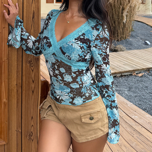 Retro Print Patchwork Lace <b>V</b> <b>Neck</b> Knit Top, Flare Sleeve Long Sleeve <b>Women's</b> <b>T</b> <b>Shirt</b>, Y2K Vintage Casual Fashion - Product Image 6