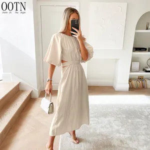OOTN Female Club Party Long Dresses Women Tunic Beach 2022 Summer Sexy V-Neck Backless Hollow Out Puff Sleeve Maxi Dress