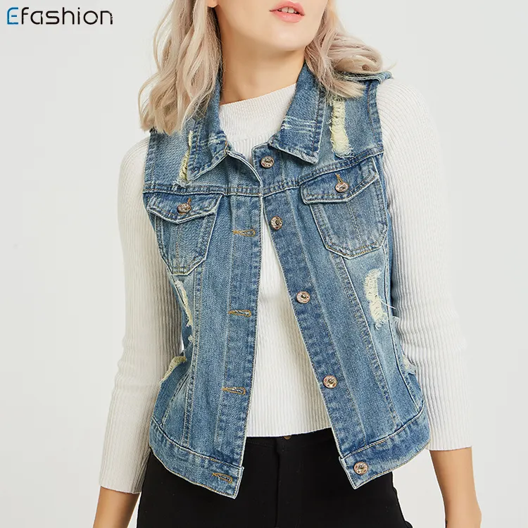 High Quality Women's Fashion Casual Denim Vest Ladies Jeans Ripped Jacket