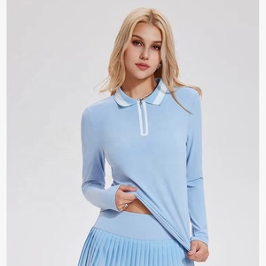 Logo personalizzato abbigliamento <span class=keywords><strong>Fitness</strong></span> snellente sport top collo Polo allenamento magliette da palestra manica lunga Yoga maglietta da Tennis per le donne - Product Image 1