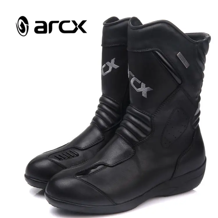 ARCX บู๊ทใส่ขี่มอเตอร์ไซค์สำหรับผู้หญิง,บู๊ทหนังวัวสีดำลำลองป้องกันน่องแบบมืออาชีพ YKK มีซิปสีดำ