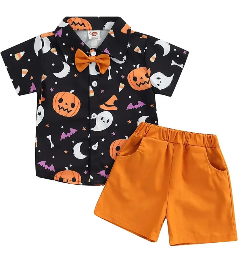 Set di abbigliamento per bambini estate 2024 per bambini 2 pezzi con stampa di Halloween camicia e pantaloncini Set di abbigliamento per ragazzi