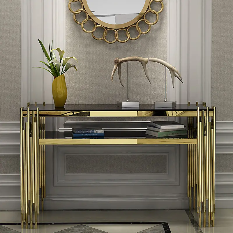 Muebles para el hogar, mesas laterales rectangulares, patas doradas, mesa de entrada superior de mármol, consola de vidrio con espejo
