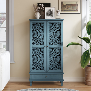 Rustic 55'' Tall <b>Storage</b> Cabinet With <b>Drawer</b> Decorative 2-Door Carved Wood Accent Cabinet Solid Wood Legs Living Room - Product Image 3