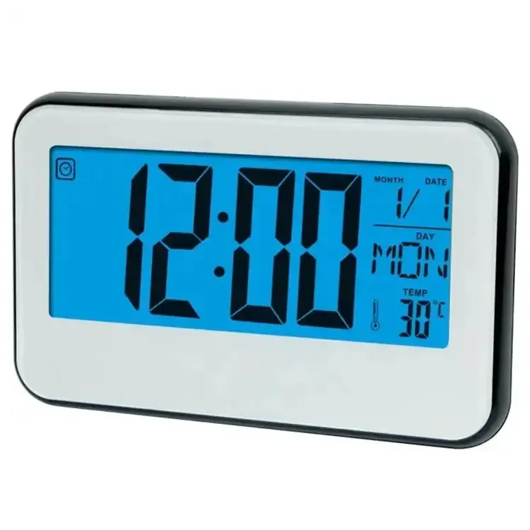 Despertador digital de mesa com display LCD grande, luzes de fundo em cor azul, calendário de tempo mundial com temperatura