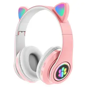 Top Seller LED Headset Wireless Over Head Earphone Wireless Bluetooth Cat Ears Headphones Pink 7 Color LED Breathing Light 5.0