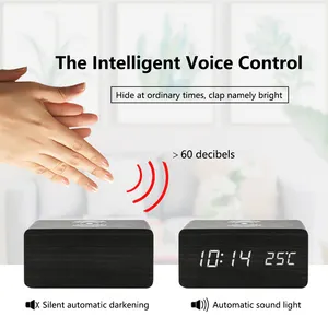 Producto de venta rápida en el mundo, control de voz, vendedor superior, mesa de escritorio barata, reloj despertador Digital Led de madera