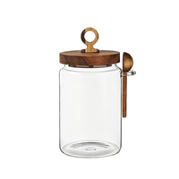Pot de conservation en verre en gros avec couvercle en bois et cuillère, récipient de stockage alimentaire en verre borosilicate pour thé, café et grains