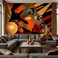 Papier peint mural auto-adhésif imperméable moderne, motif abstrait femme africaine géométrique orange, rouge et noir, pour la décoration murale de la maison